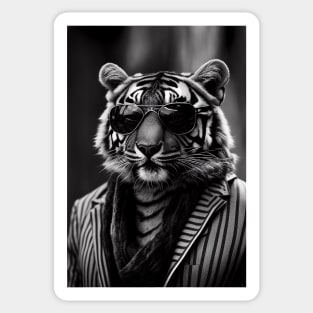 Tiger Boss: A Black and White Portrait, Tiger with sunglasses Sticker